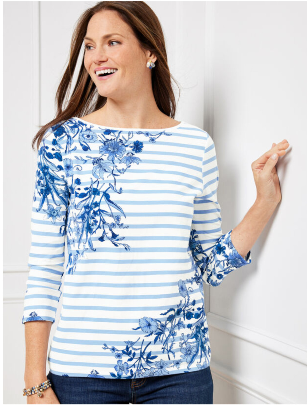 Talbots XL Bateau Neck Tee Whimsical Garden Stripe White Blue Floral 3/4 Sleeve